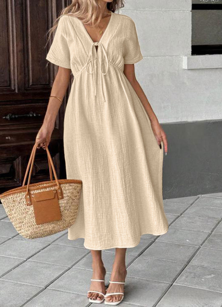 Chouyatou Women's Summer Boho V-Neck Cotton Tunic Dress Casual Loose Short Sleeve Midi Long Beach Dress
