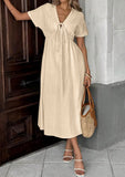 CHOUYATOU Women's Summer Boho V-Neck Cotton Tunic Dress Casual Loose Short Sleeve Midi Long Beach Dress
