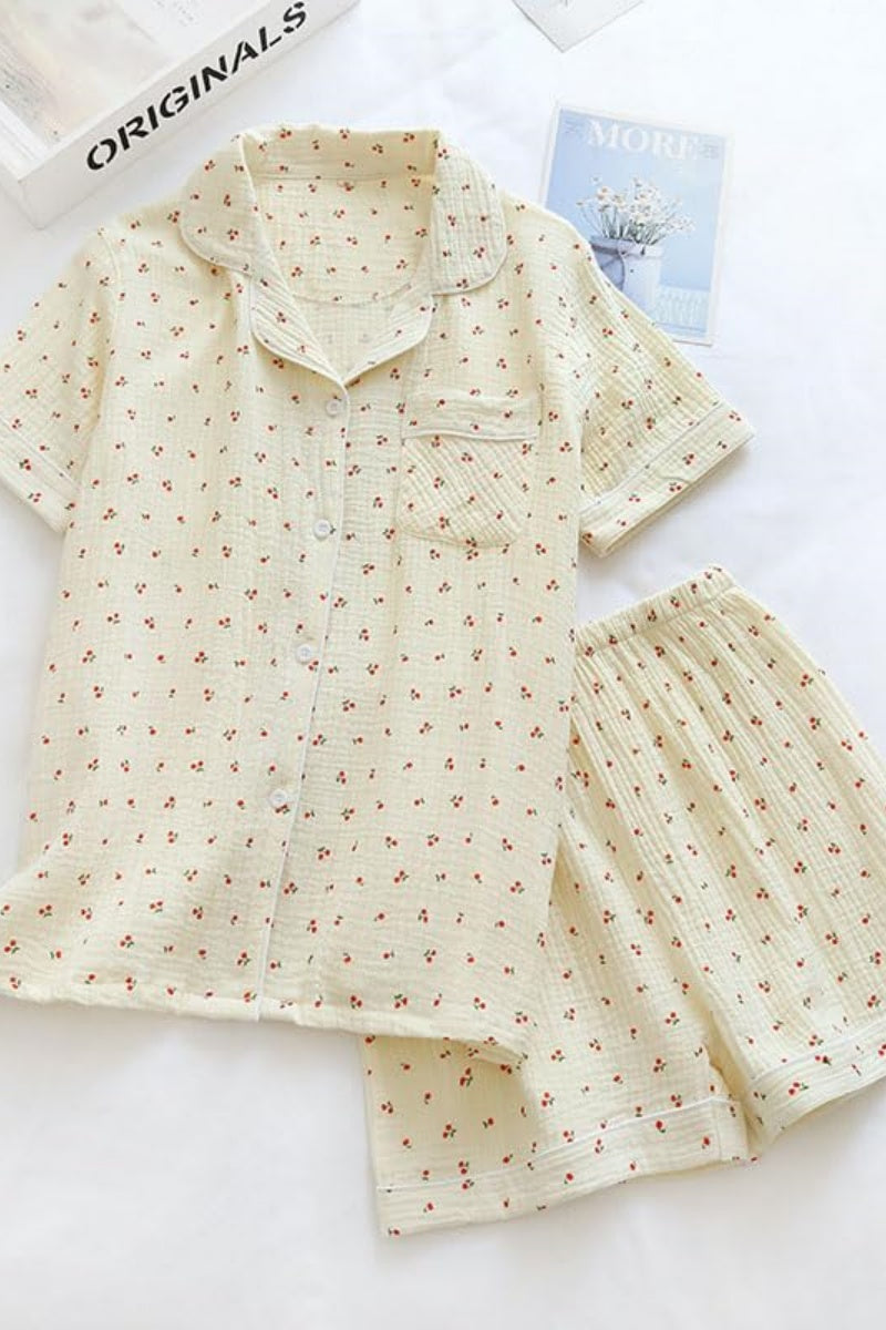 Chouyatou Womens Cute Pajama Set Short Sleeve Button Up Shirt and Shorts 2 Piece Cotton Pj Sets
