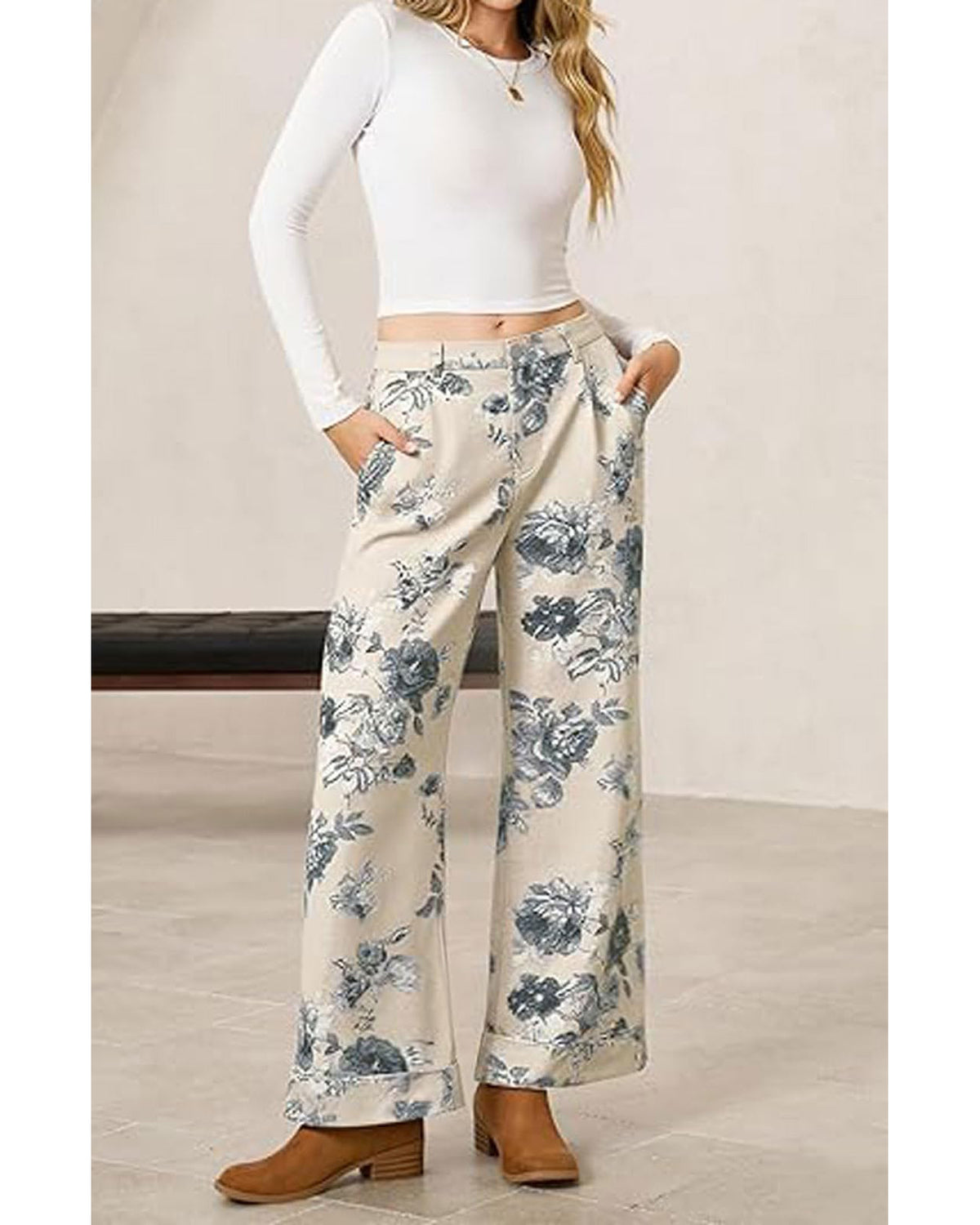 Chouyatou Women Mid Rise Cropped Wide Leg Jeans Baggy Floral Ankle Pants Denim Capris Flare Print Boho Palazzo Jeans Boyfriend