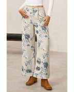 Chouyatou Women Mid Rise Cropped Wide Leg Jeans Baggy Floral Ankle Pants Denim Capris Flare Print Boho Palazzo Jeans Boyfriend
