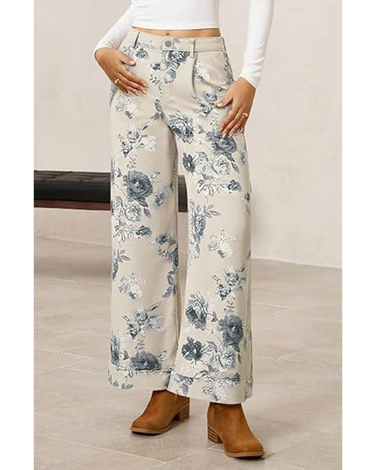 Chouyatou Women Mid Rise Cropped Wide Leg Jeans Baggy Floral Ankle Pants Denim Capris Flare Print Boho Palazzo Jeans Boyfriend