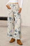 Chouyatou Women Mid Rise Cropped Wide Leg Jeans Baggy Floral Ankle Pants Denim Capris Flare Print Boho Palazzo Jeans Boyfriend
