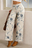 Chouyatou Women Mid Rise Cropped Wide Leg Jeans Baggy Floral Ankle Pants Denim Capris Flare Print Boho Palazzo Jeans Boyfriend