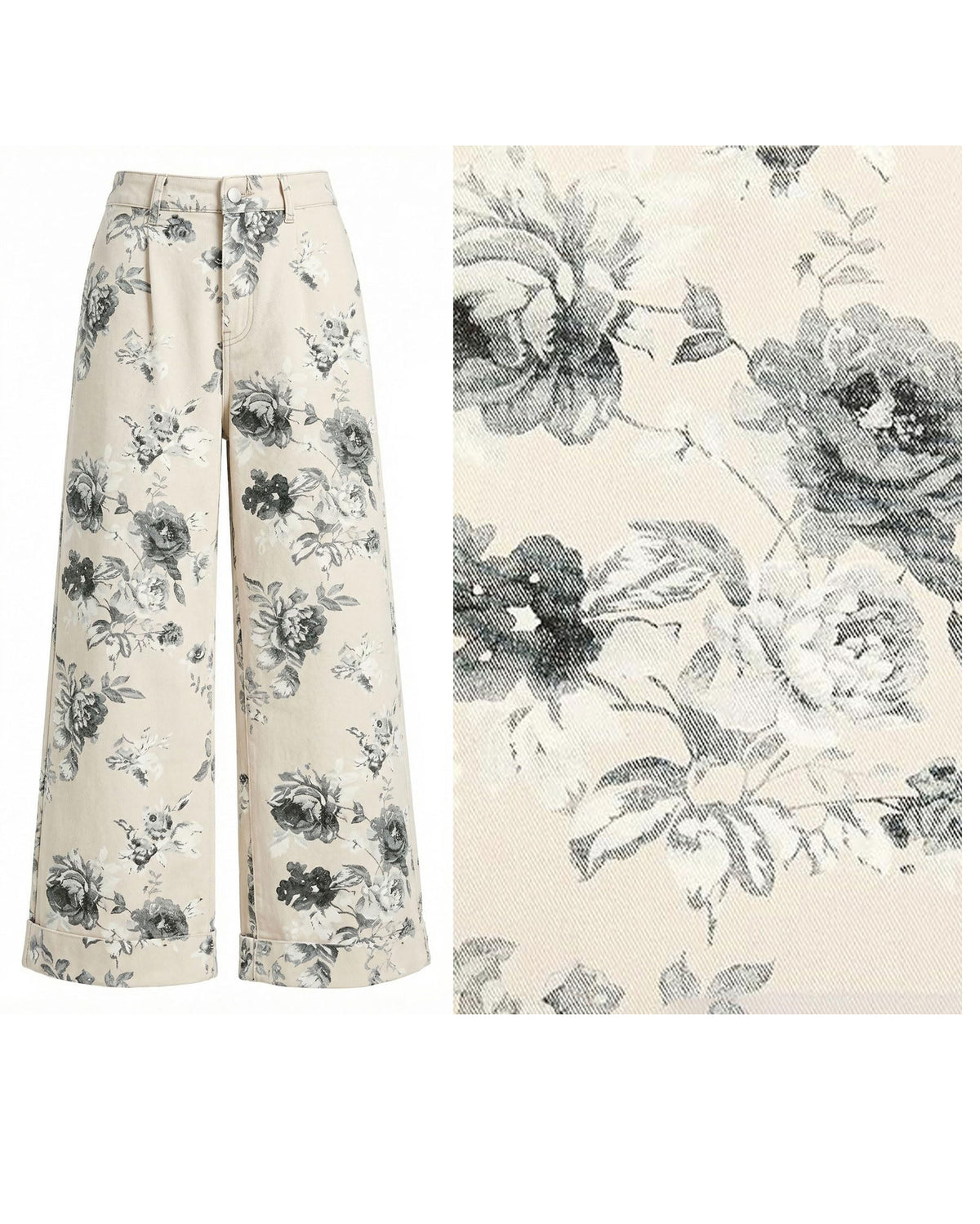 Chouyatou Women Mid Rise Cropped Wide Leg Jeans Baggy Floral Ankle Pants Denim Capris Flare Print Boho Palazzo Jeans Boyfriend