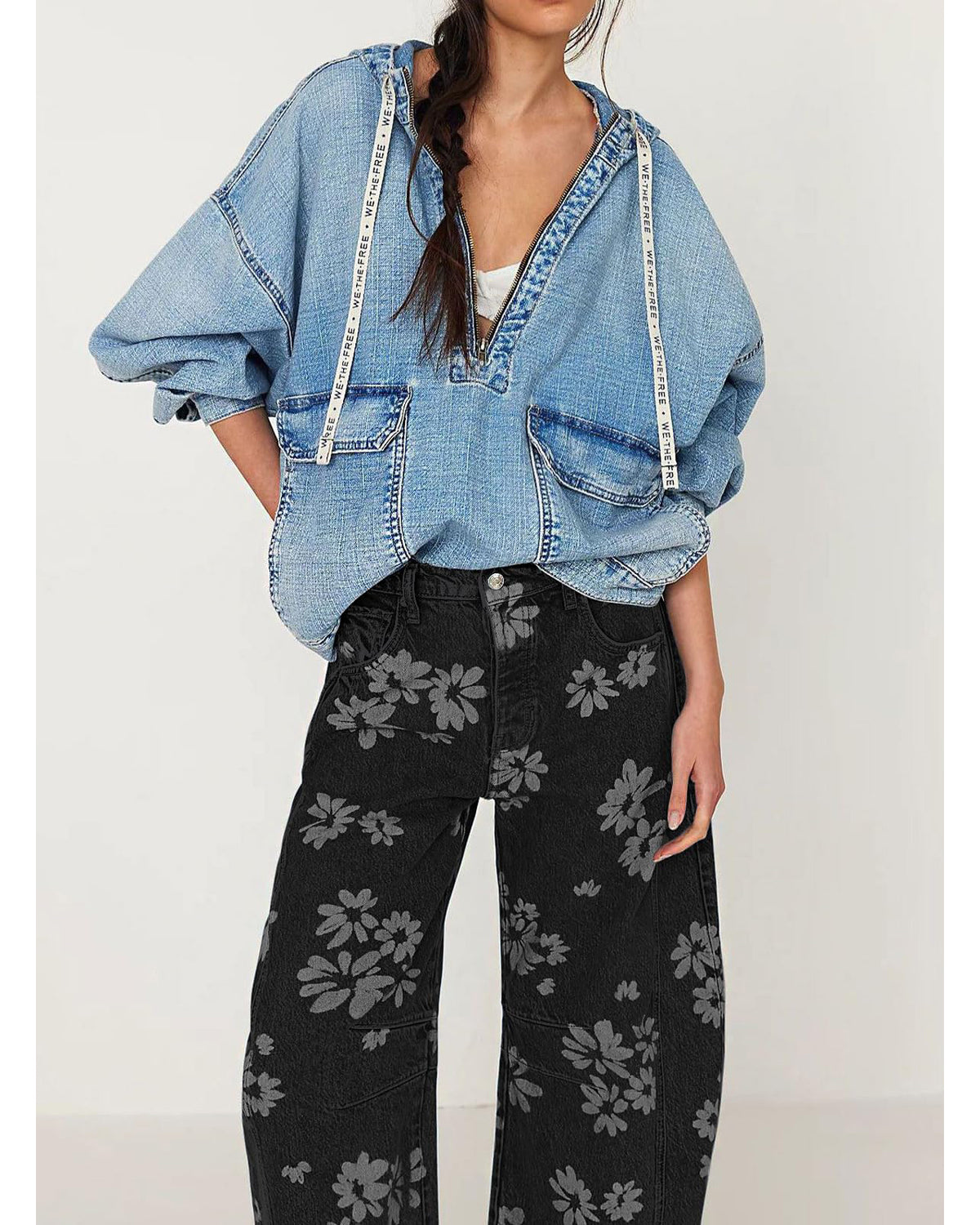 Chouyatou Women Y2k Distressed Barrel Jeans Baggy Wide Leg Jeans Floral Printed Boyfriend Patchwork Denim Pants