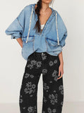 Chouyatou Women Y2k Distressed Barrel Jeans Baggy Wide Leg Jeans Floral Printed Boyfriend Patchwork Denim Pants