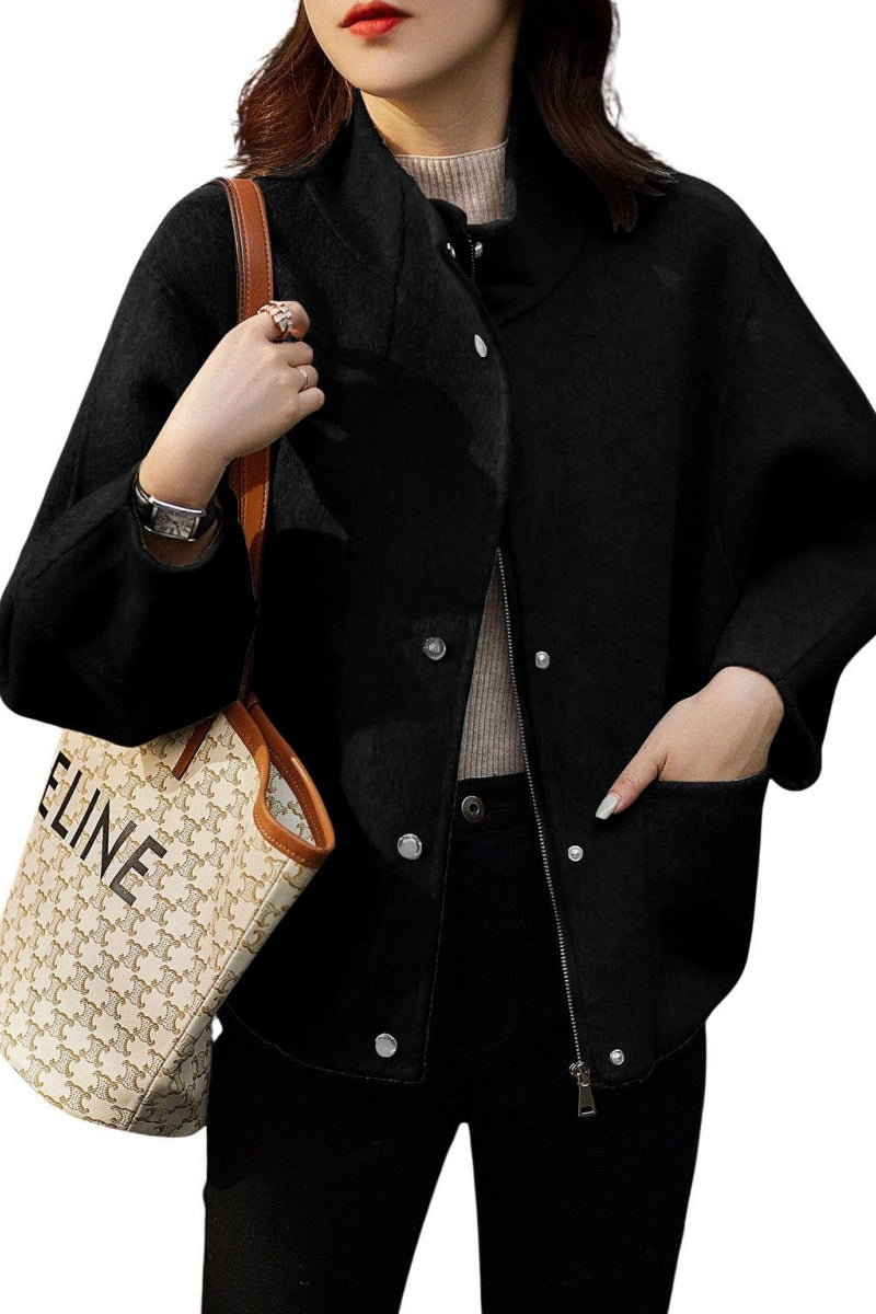 Chouyatou Women's Casual Stand Collar Single Breasted Short Wool Pea Coat Overcoat with Pockets