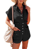 chouyatou Women's Short Cuffed Sleeve Utility Rompers Elastic Waist Button Down Cotton Pocketed Jumpsuit