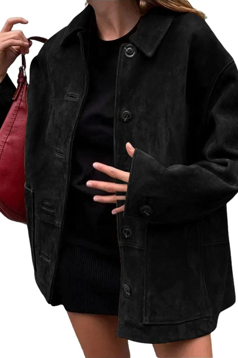 Chouyatou Women's Fall Boyfriend Faux Suede Leather Jacket Casual Midi Long Button Down Shacket Coat