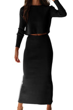 Chouyatou Women's Ribbed Sweater Sets Crop Top and Maxi Bodycon Skirt Sets 2 Piece Outfits