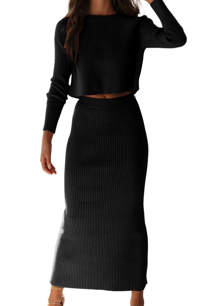 Chouyatou Women's Ribbed Sweater Sets Crop Top and Maxi Bodycon Skirt Sets 2 Piece Outfits