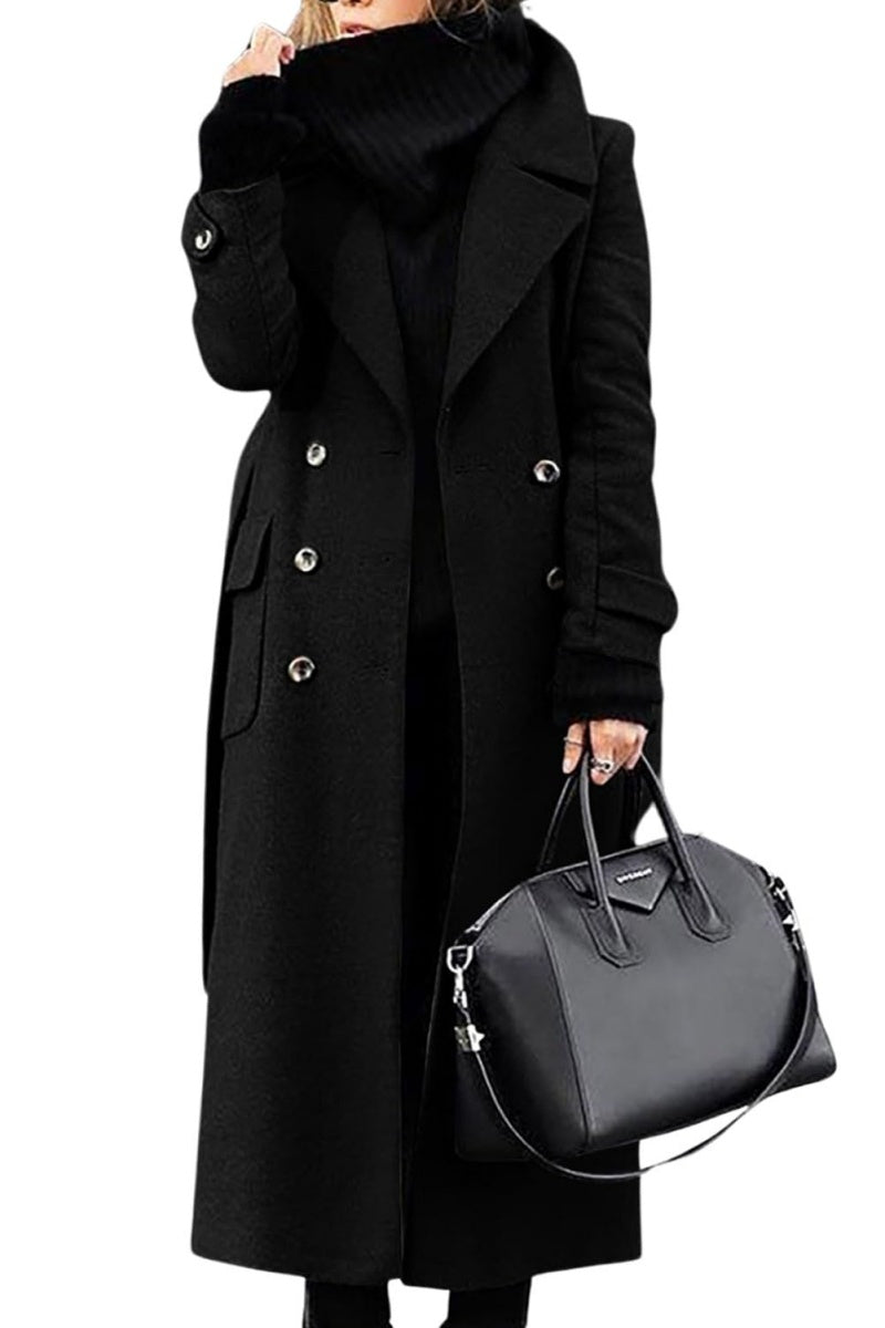 Chouyatou Coats Women Black Double Breasted Wool Coat Premium