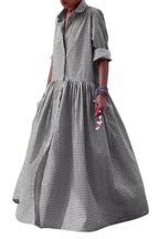 Chouyatou Women's Retro Plaid Button Down Maxi Shirt Dress Long Sleeve Button Up Gingham Swing Long Dress
