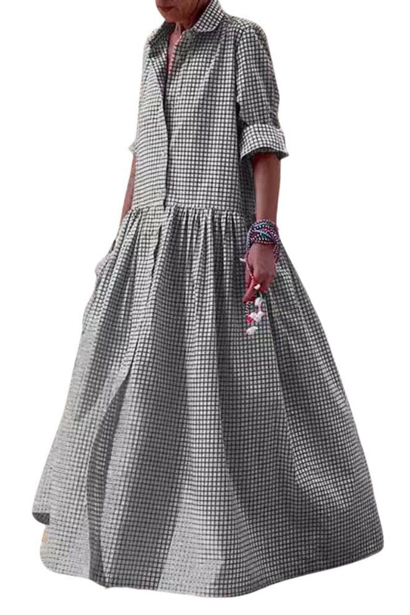 Chouyatou Women's Retro Plaid Button Down Maxi Shirt Dress Long Sleeve Button Up Gingham Swing Long Dress