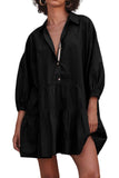 Chouyatou Women's Summer Puff Sleeve Tiered Tunic Babydoll Dress Cute Mini Button Down Shirt Dress