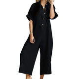 Chouyatou Womens Casual Button Down Rolled-Up Sleeve Jumpsuit Pants Summer Wide Leg Overall Rompers