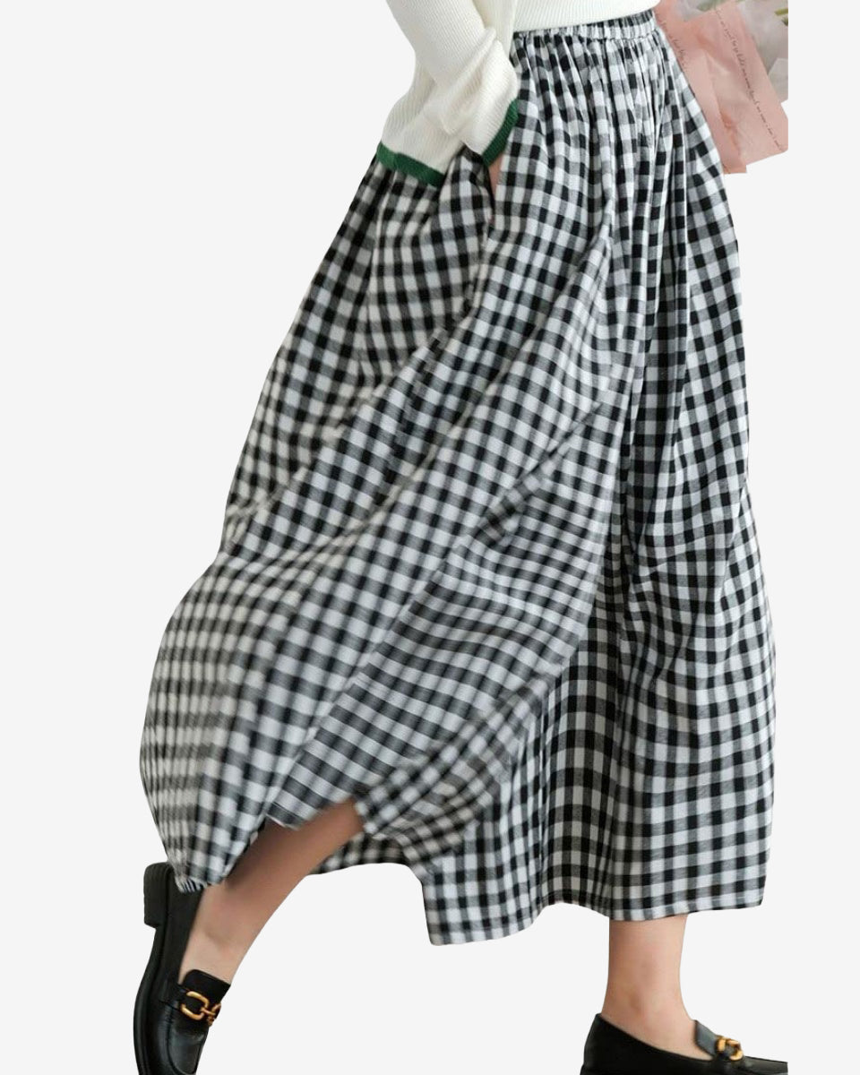 Chouyatou Women's Cotton Linen Pants Elastic Waist Plaid Gingham Wide Leg Capri Palazzo Pants