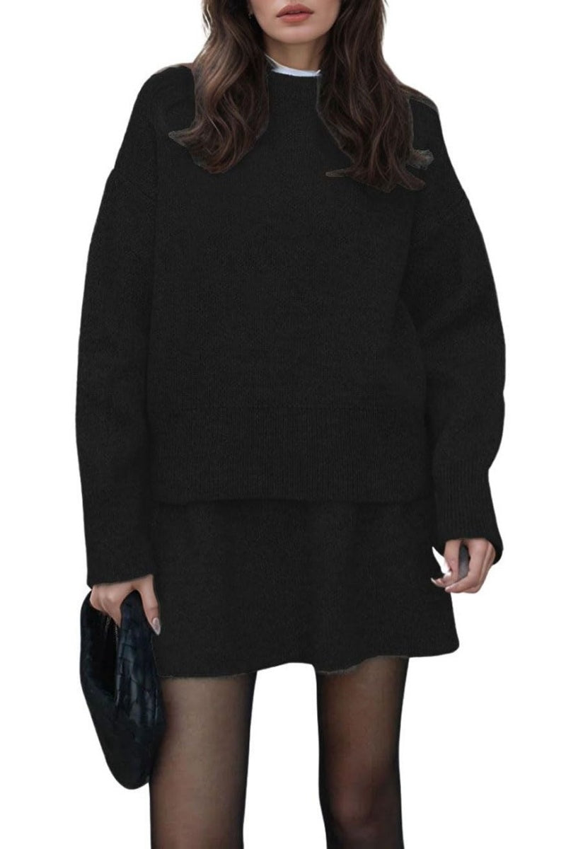 Chouyatou Women Sweater Skirt Sets 2 Pieces Outfits Loose Fit Pullover Sweater Knitted Mini Skirt
