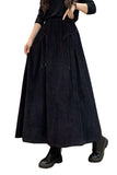 Chouyatou Women's Corduroy Maxi Skirt Elastic High Waist Drawstring Tie Front A-Line Pleated Long Skirt with Pockets