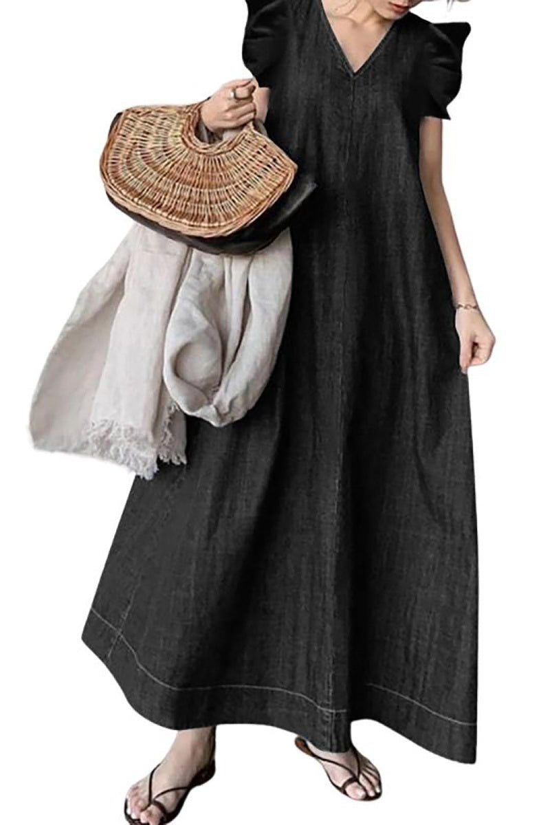 Chouyatou Womens Long Denim Dress Casual Loose Fit Ruffle Sleeveless V-Neck Jean Maxi Dresses for Women