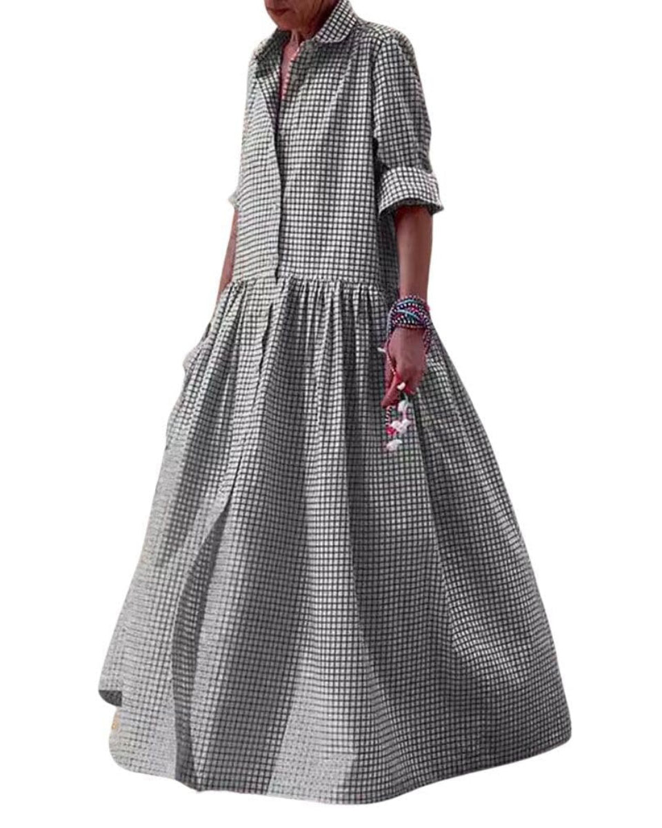 Chouyatou Women's Retro Plaid Button Down Maxi Shirt Dress Long Sleeve Button Up Gingham Swing Long Dress