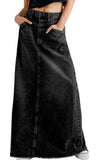 Chouyatou Women Vintage Denim Maxi Skirt Frayed Raw Hem High Waist A-Line Long Jean Skirt