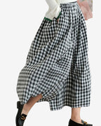 Chouyatou Women's Cotton Linen Pants Elastic Waist Plaid Gingham Wide Leg Capri Palazzo Pants