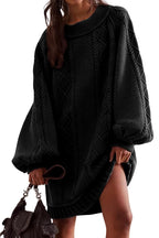 Chouyatou Women's Babydoll Cute Lantern Sleeve Sweater Mini Dress Woven Twisted Baggy Loose Cable Knit Sweater Pullover