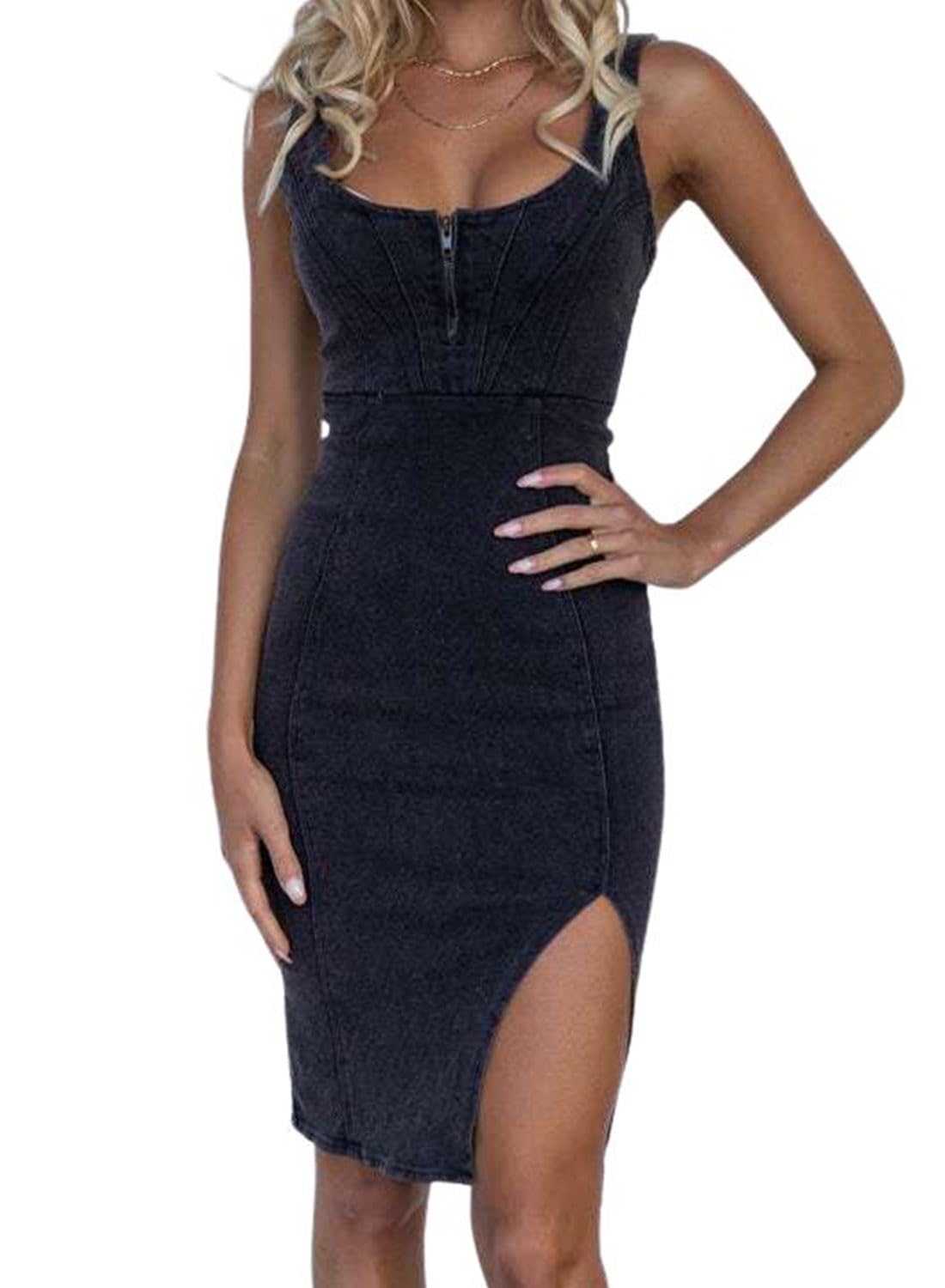 Chouyatou Denim Dress for Women Sleeveless Side Slit Bodycon Midi Jean Dresses