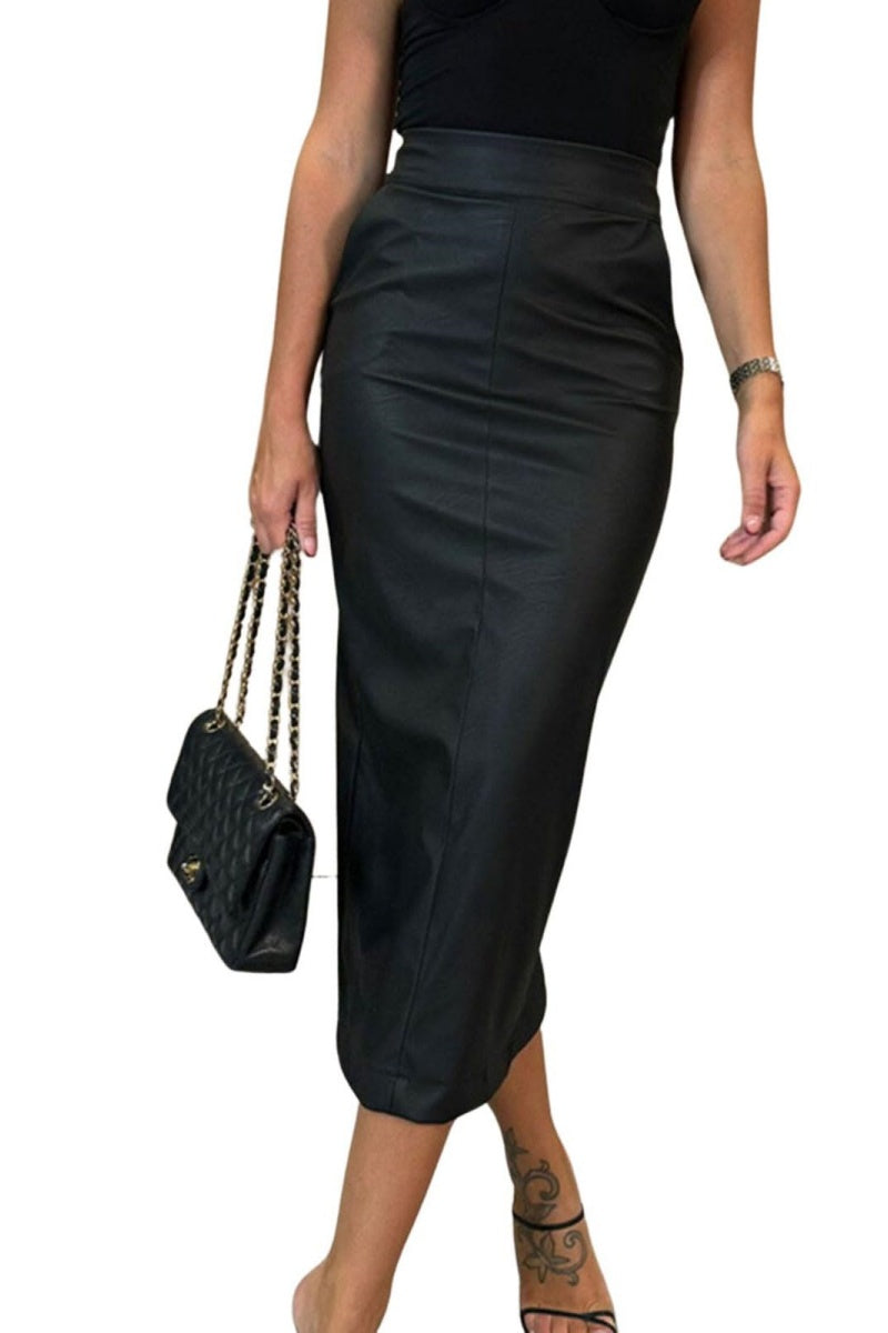 Chouyatou Womens Long Faux Leather Skirt Bodycon High Waist Slim Pencil Midi Skirt with Pockets
