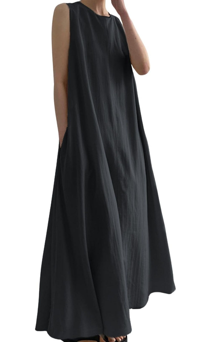 Chouyatou Women Casual Cotton Linen Sleeveless Maxi Dress Ruffle Shift Dress Flowy Beach Summer Long Tank Dress