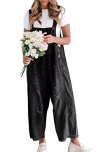 Chouyatou Women's Casual Adjustable Straps Denim Bib Overalls Distressed Ripped Wide Leg Jeans Long Pants Jumpsuits