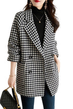 Chouyatou Womens Notched Lapel Pea Coat Double Breasted Blazer Jackets Houndstooth Woolen Blend Overcoat with Pockets
