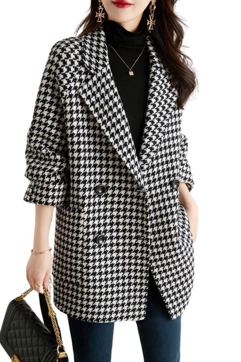 Chouyatou Womens Notched Lapel Pea Coat Double Breasted Blazer Jackets Houndstooth Woolen Blend Overcoat with Pockets