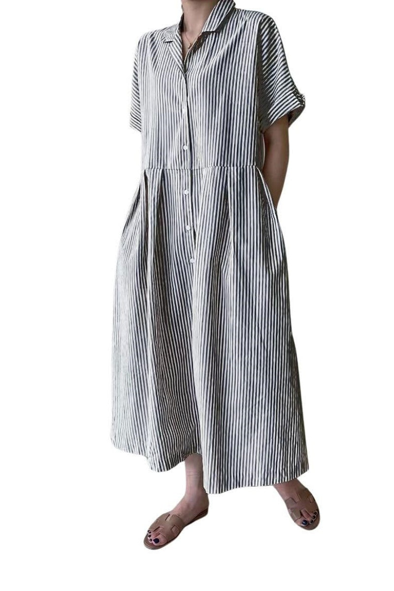 Chouyatou Women's Cotton Striped Shirt Dress Button Up Short Sleeve Midi Long Shift Dress with Pockets