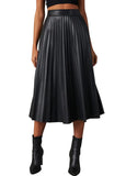 Chouyatou Women's Elegant Faux Leather Pleated Skirt Vintage High Waisted A-Line Midi Long Skirt