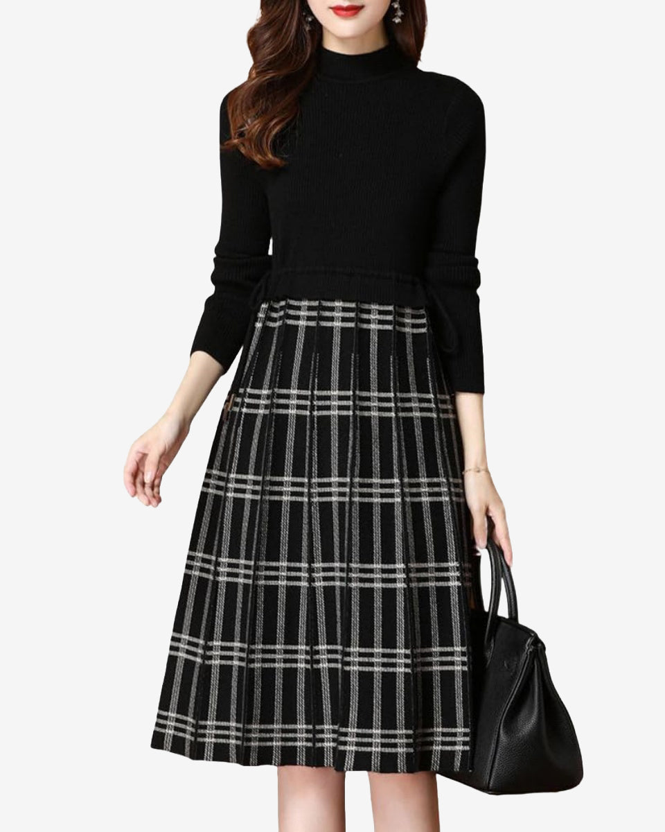 Chouyatou Women's Vintage Plaid Checkered Color Block A Line Pleated Knitted Sweater Midi Long Dress