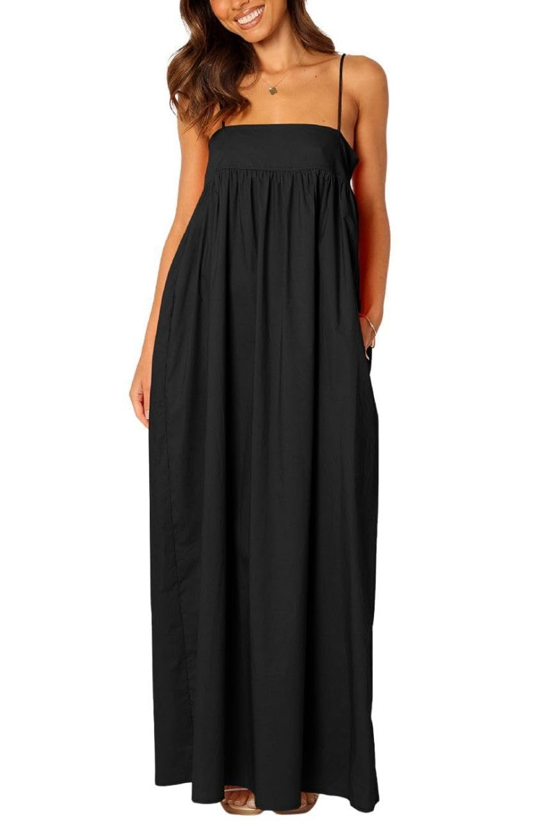 Chouyatou Women's Summer Backless Tied Spaghetti Straps Casual Loose Cutout Maxi Dress with Pockets