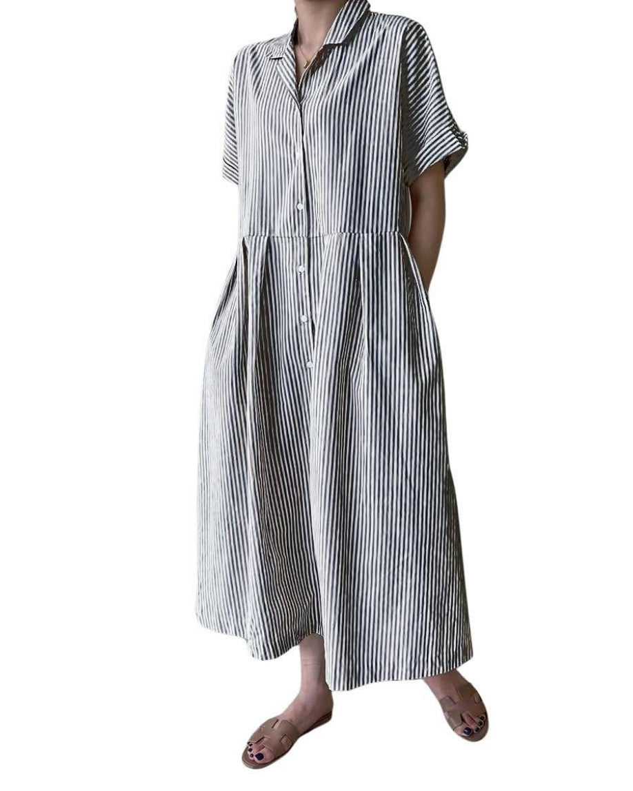 Chouyatou Women's Cotton Striped Shirt Dress Button Up Short Sleeve Midi Long Shift Dress with Pockets
