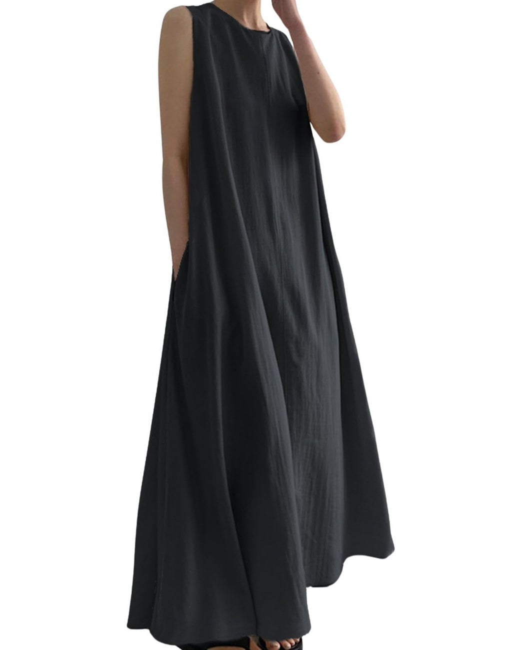 Chouyatou Women Casual Cotton Linen Sleeveless Maxi Dress Ruffle Shift Dress Flowy Beach Summer Long Tank Dress