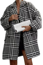 Chouyatou Women Winter Houndstooth Wool Blend Coat Notch Lapel Loose Warm Mid Long Double Breasted Peacoat