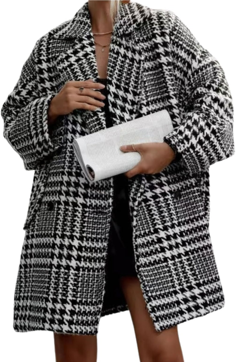 Chouyatou Women Winter Houndstooth Wool Blend Coat Notch Lapel Loose Warm Mid Long Double Breasted Peacoat