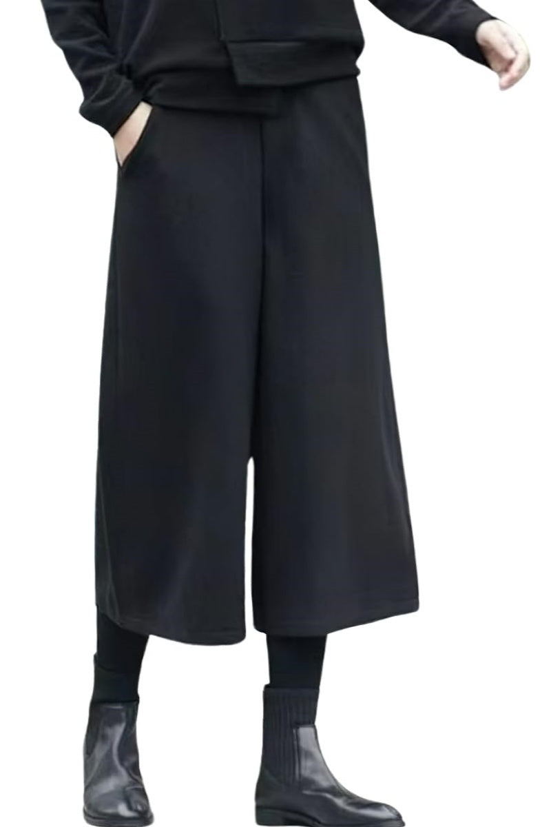 Chouyatou Women's Fall Wool Blend Culottes Capri Cropped Pants Elastic High Waist Wide Leg Palazzo Trouser