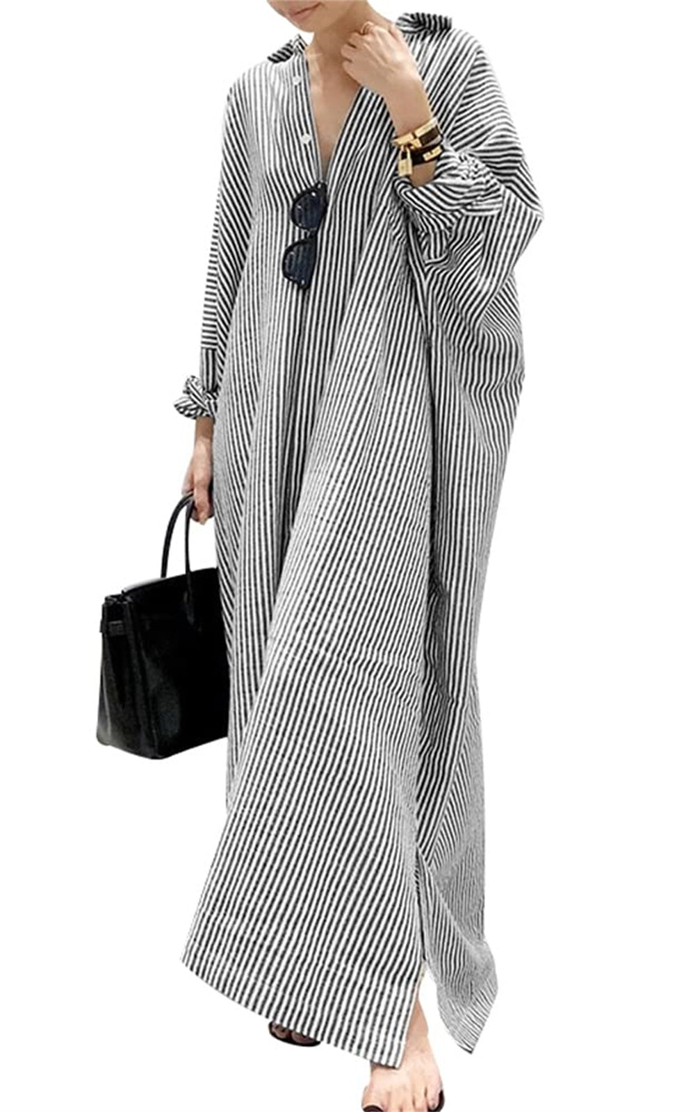 Chouyatou Women's Casual Long Sleeve Button Down Loose Striped Cotton Maxi Shirt Dress