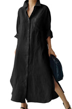Chouyatou Women's Spring Button Down Cotton Shirt Dress Summer Flowy Side Slit Maxi Shift Dress