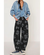 Chouyatou Women Y2k Distressed Barrel Jeans Baggy Wide Leg Jeans Floral Printed Boyfriend Patchwork Denim Pants
