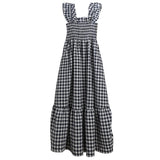 Chouyatou Women's Retro Plaid Smocked Dress Spaghetti Strap Flounce Long Dress