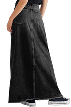 Chouyatou Women Vintage Denim Maxi Skirt Frayed Raw Hem High Waist A-Line Long Jean Skirt