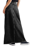 Chouyatou Women Vintage Denim Maxi Skirt Frayed Raw Hem High Waist A-Line Long Jean Skirt